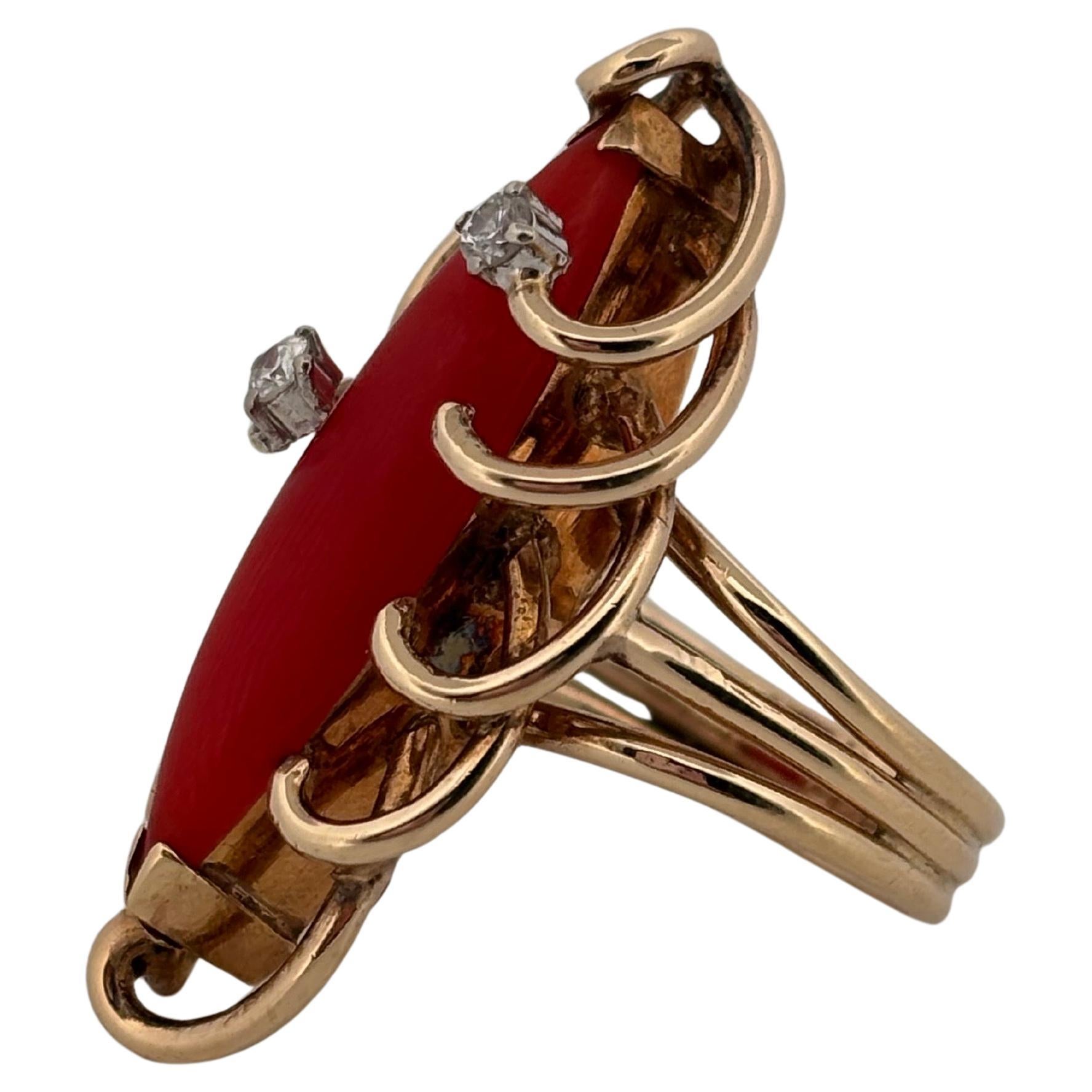 Women's or Men's Red Natural Coral & Diamond 14K Yellow Gold Abstract Ring For Sale