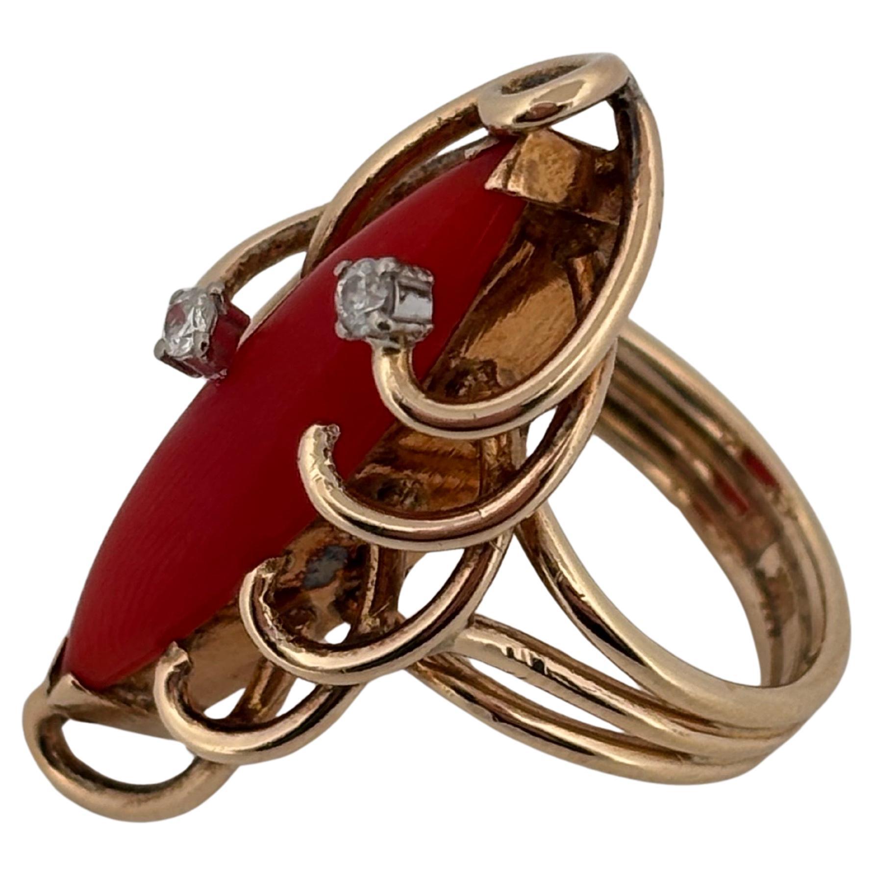 Red Natural Coral & Diamond 14K Yellow Gold Abstract Ring For Sale 1