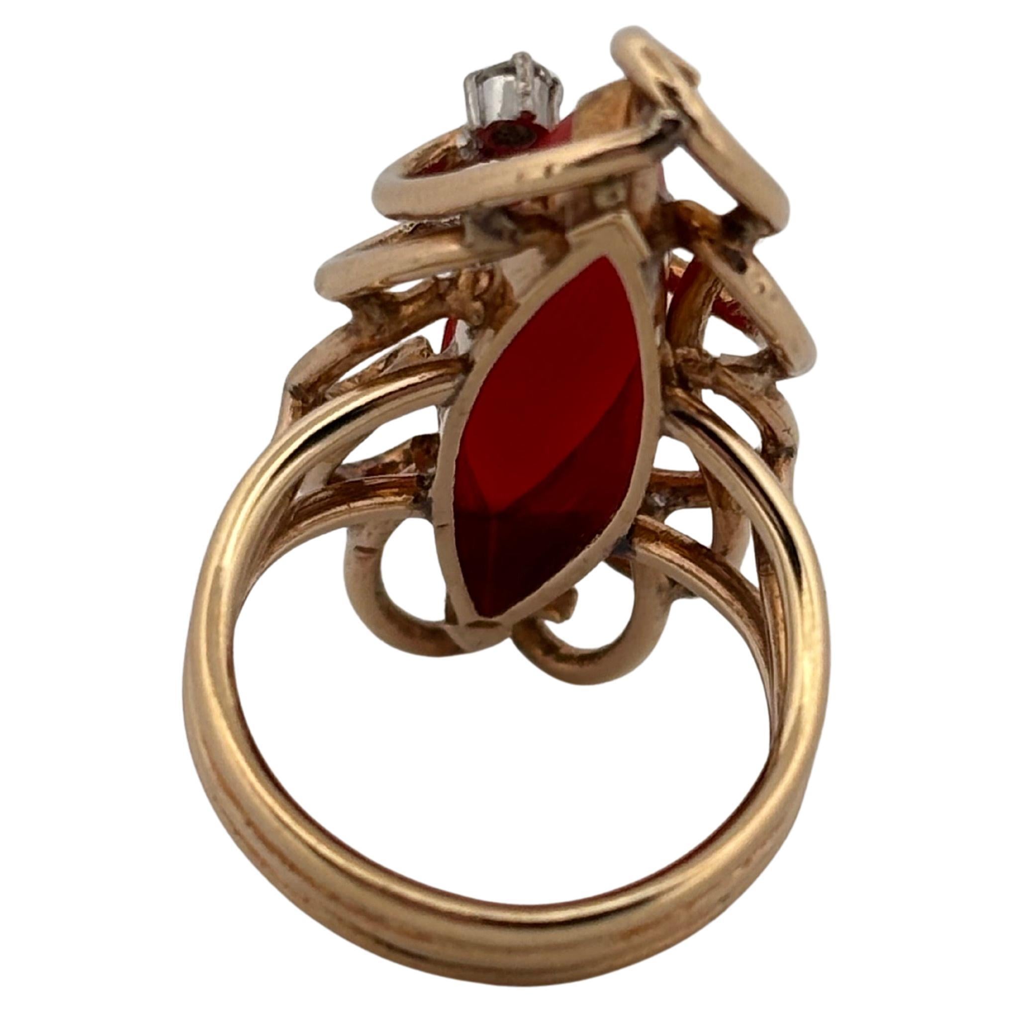 Red Natural Coral & Diamond 14K Yellow Gold Abstract Ring For Sale 2