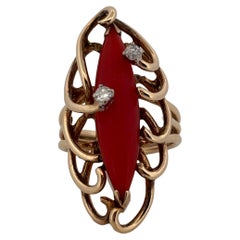 Red Natural Coral & Diamond 14K Yellow Gold Abstract Ring