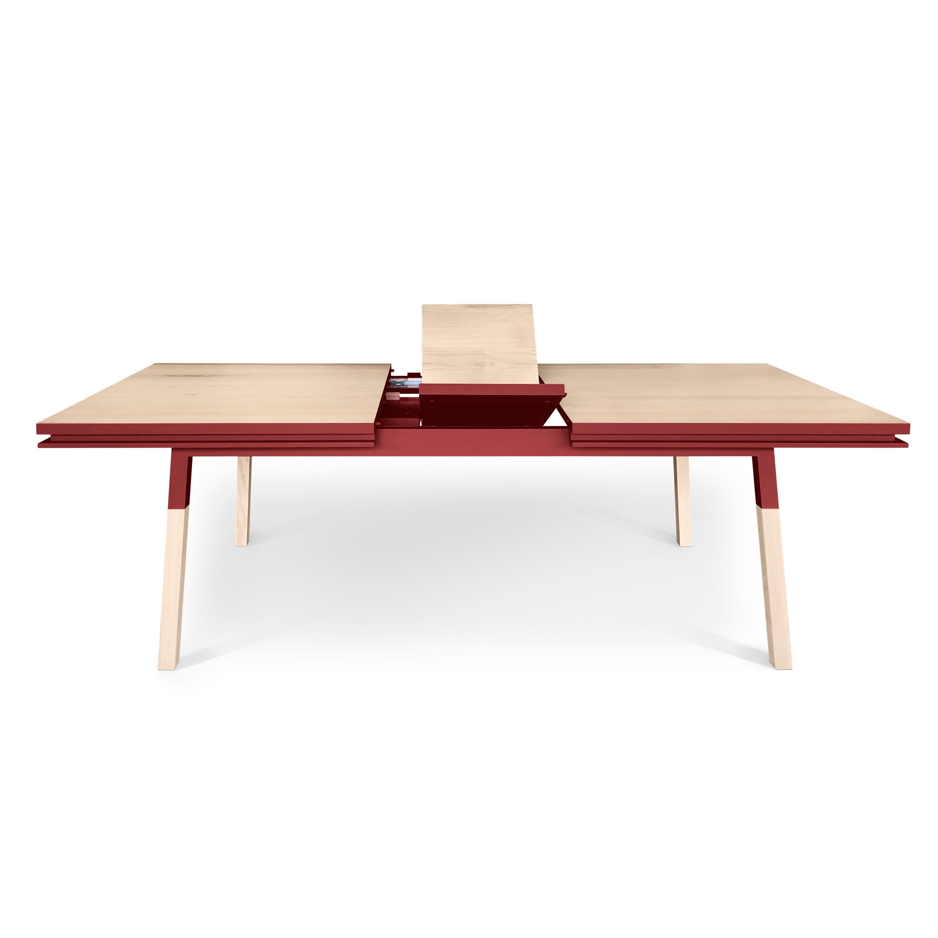 Red & natural wood extensible dining table in solid wood, design E. Gizard For Sale 1