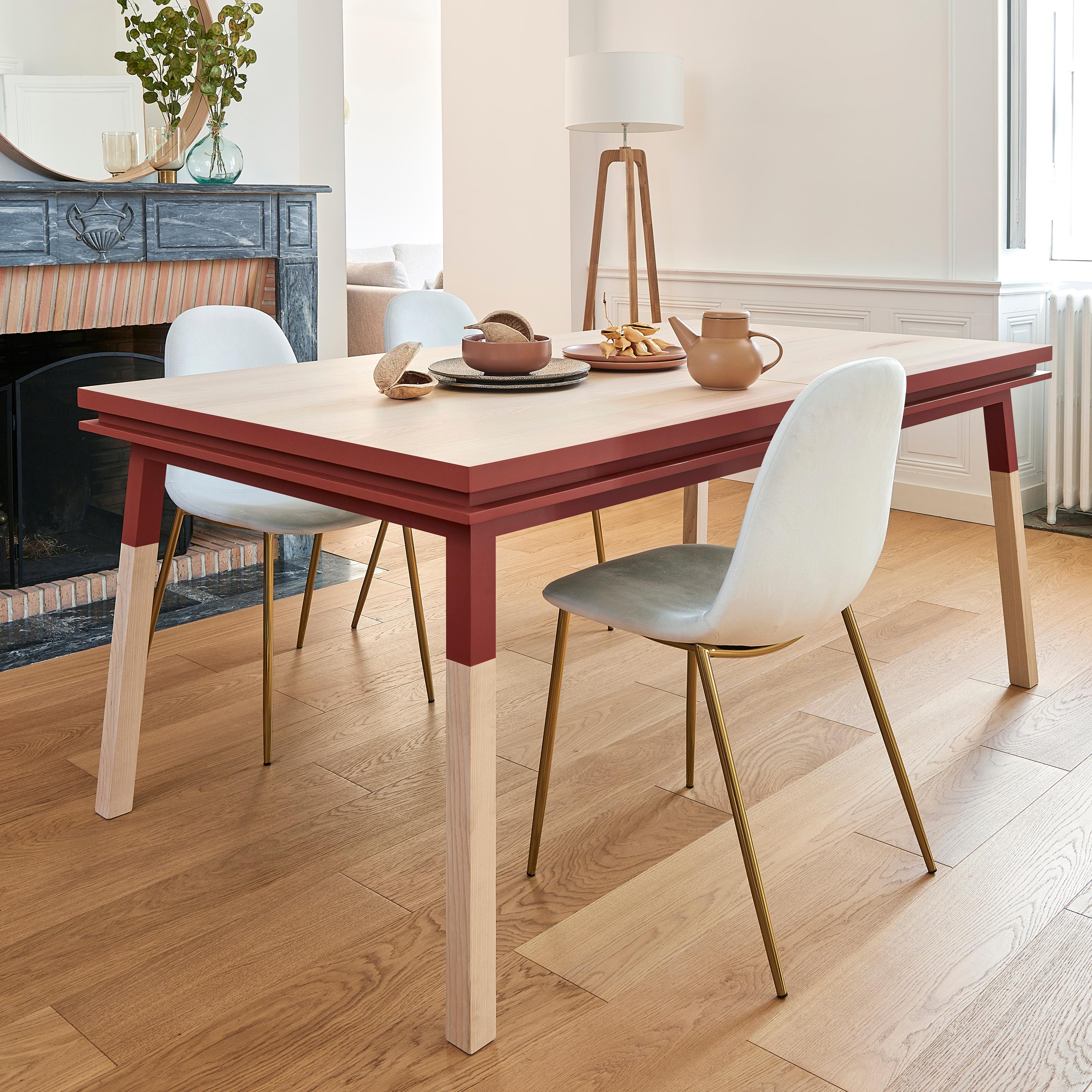 French Red & natural wood extensible dining table in solid wood, design E. Gizard For Sale