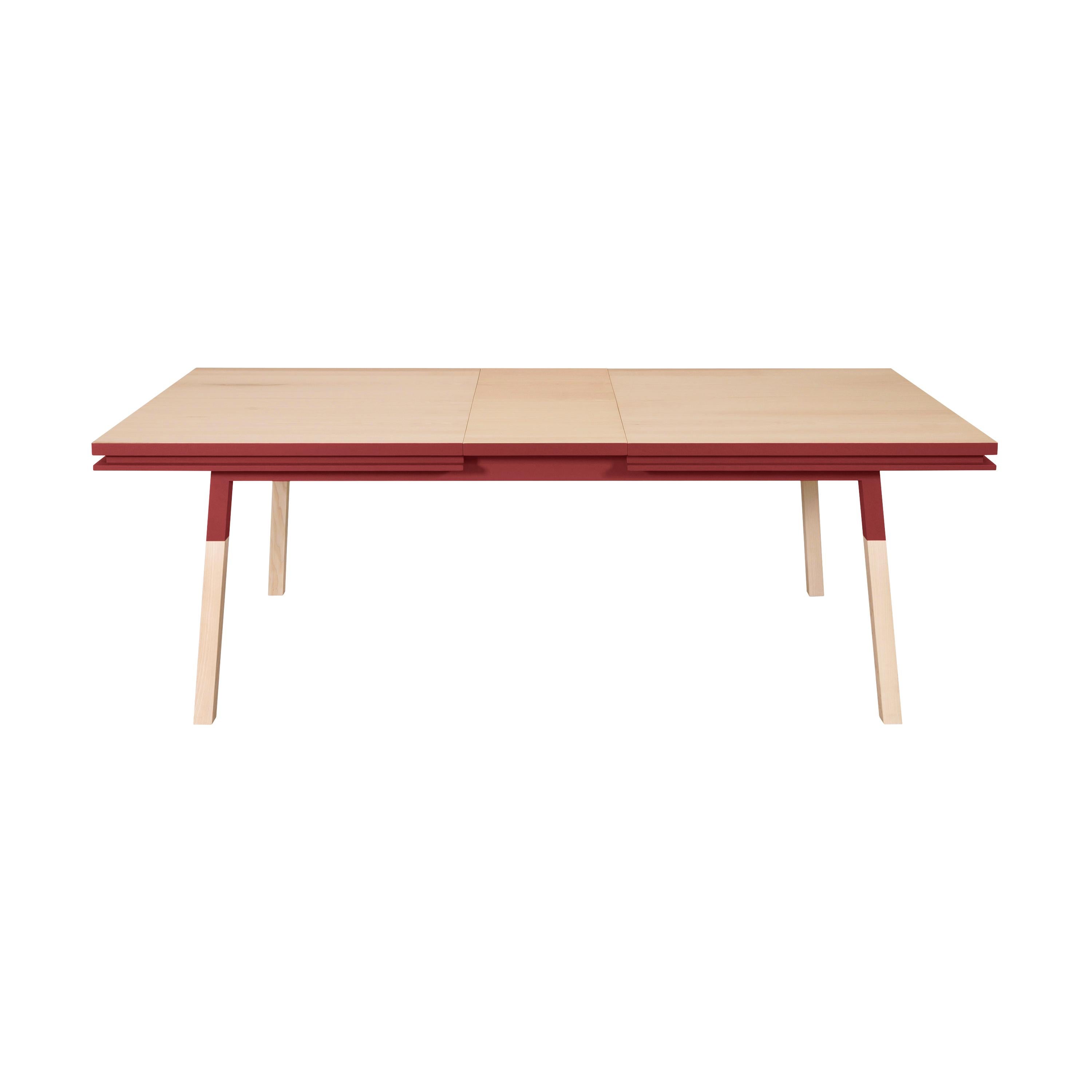 Hand-Crafted Red & natural wood extensible dining table in solid wood, design E. Gizard For Sale