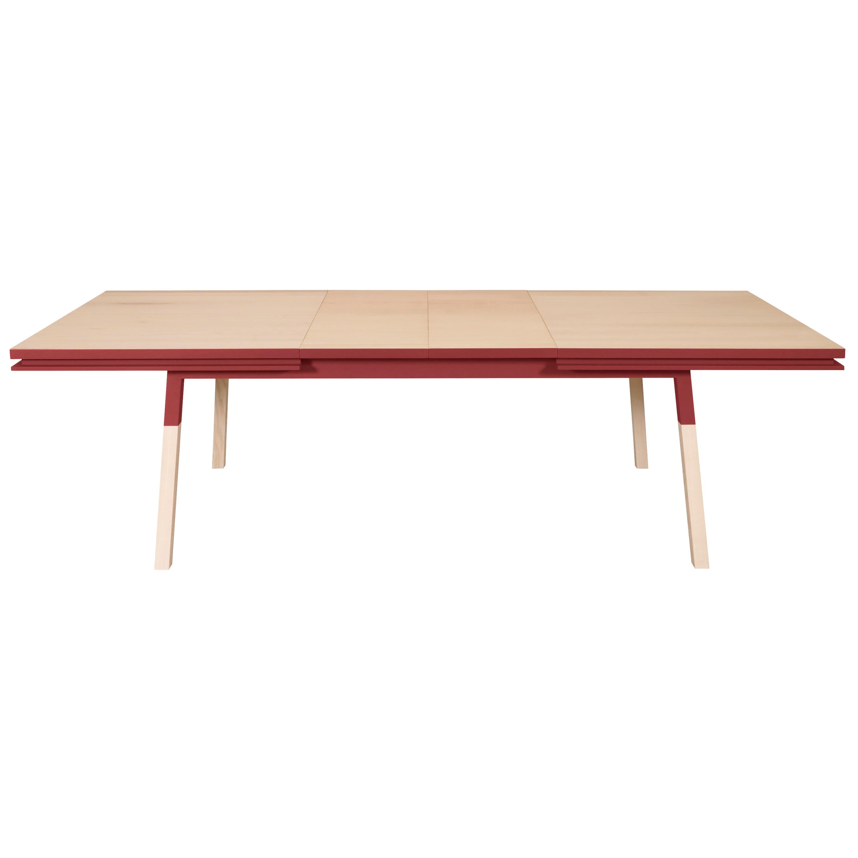 Red & natural wood extensible dining table in solid wood, design E. Gizard In New Condition For Sale In Landivy, FR