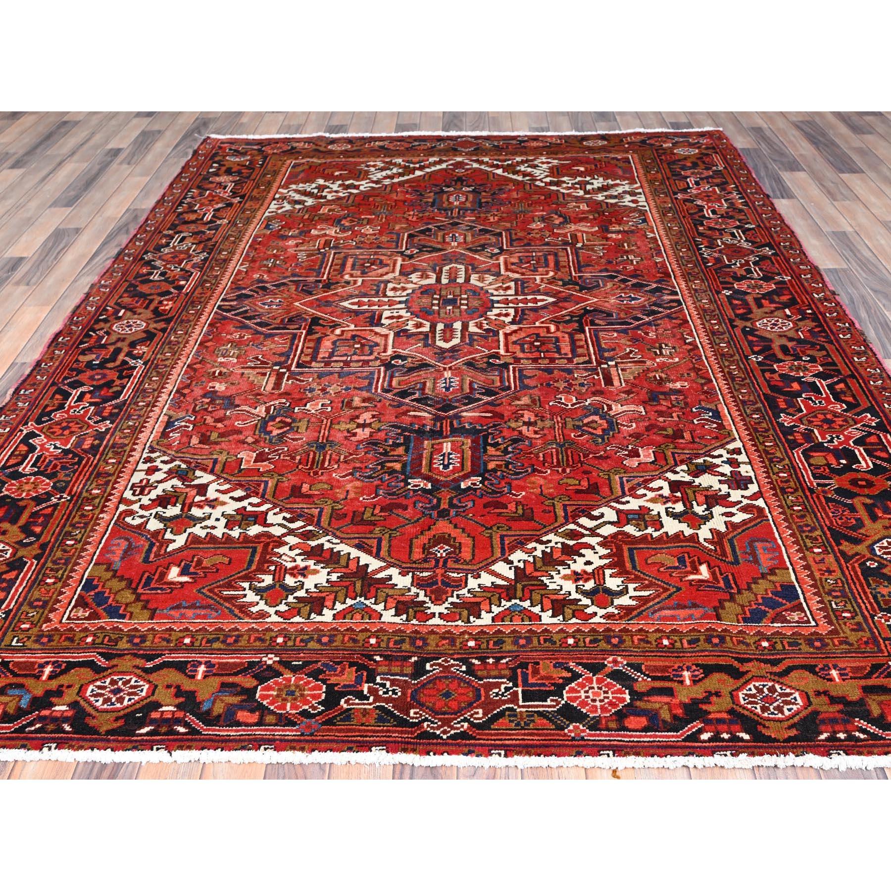 Medieval Red Natural Wool Vintage Persian Heriz Hand Knotted Sides and Ends Cleaned Rug For Sale