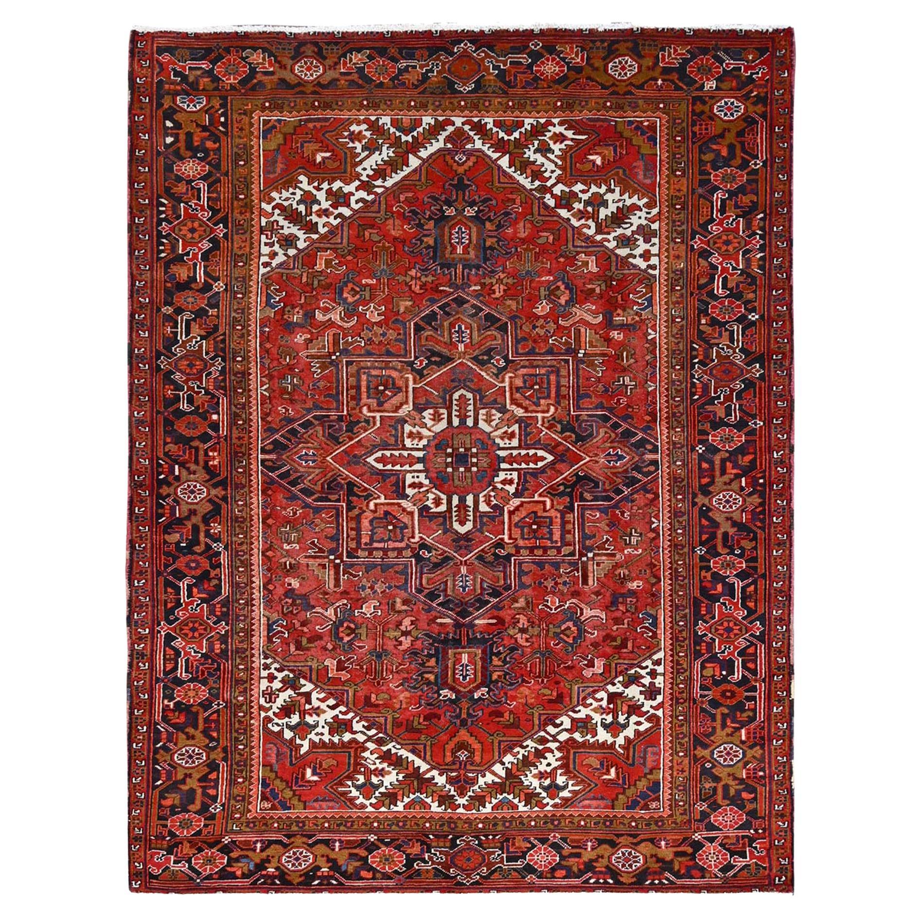 Red Natural Wool Vintage Persian Heriz Hand Knotted Sides and Ends Cleaned Rug For Sale