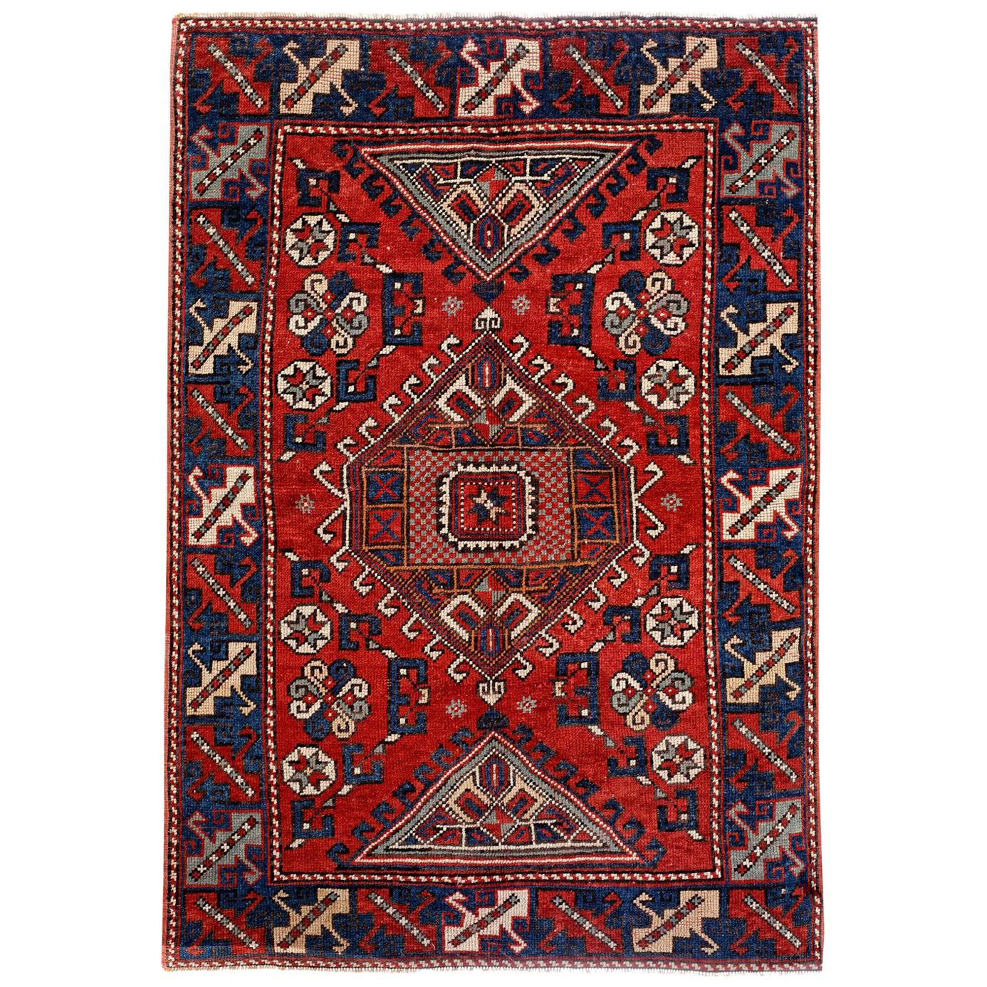Red, Navy and Gold Handmade Wool Turkish Old Anatolian Konya Distressed Rug For Sale