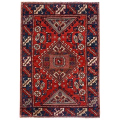 Red, Navy and Gold Handmade Wool Turkish Old Anatolian Konya Distressed Rug