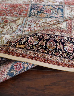 Red, Navy and Ivory Handmade Silk Distressed Anatolian Hereke Rug