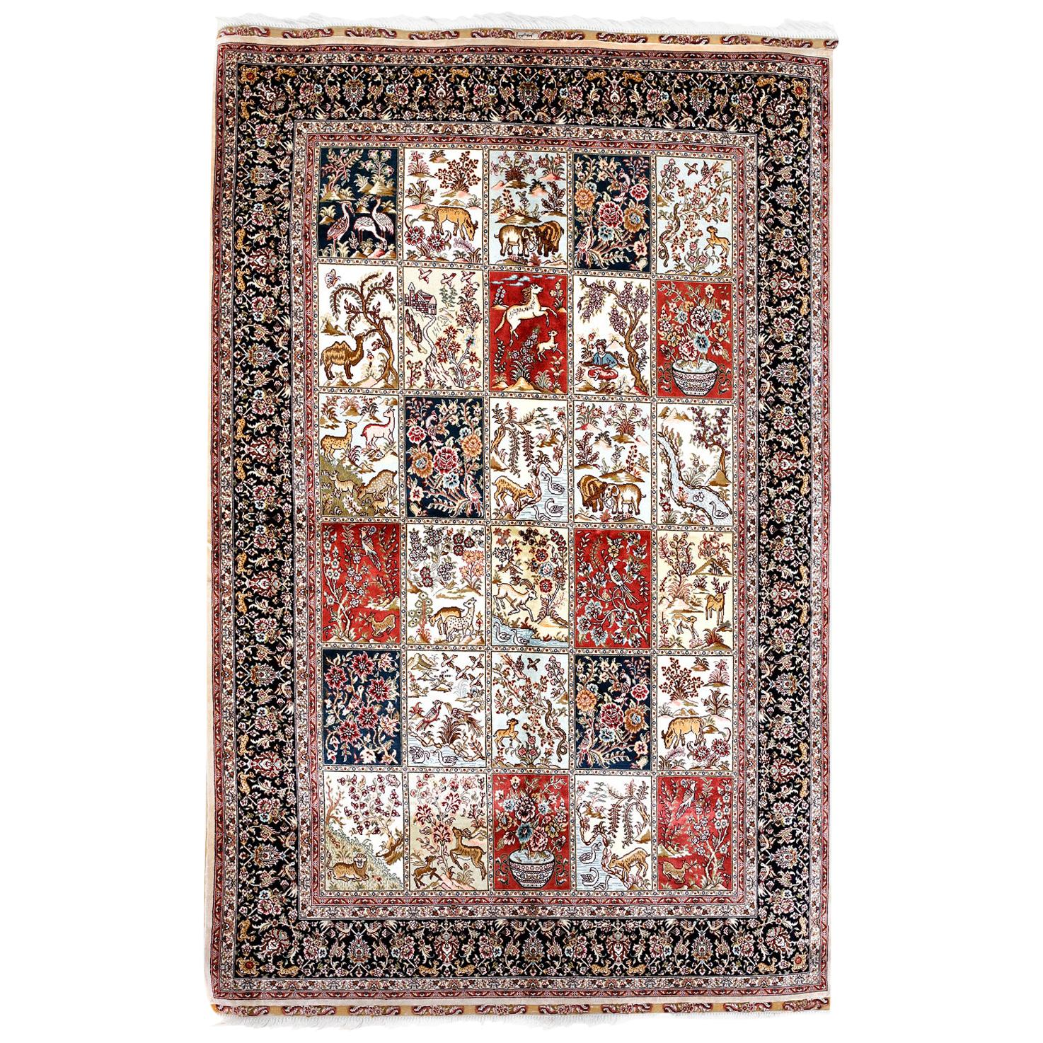 Red, Navy and Ivory Handmade Silk Distressed Anatolian Hereke Rug For