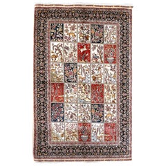 Red, Navy and Ivory Handmade Silk Distressed Anatolian Hereke Rug