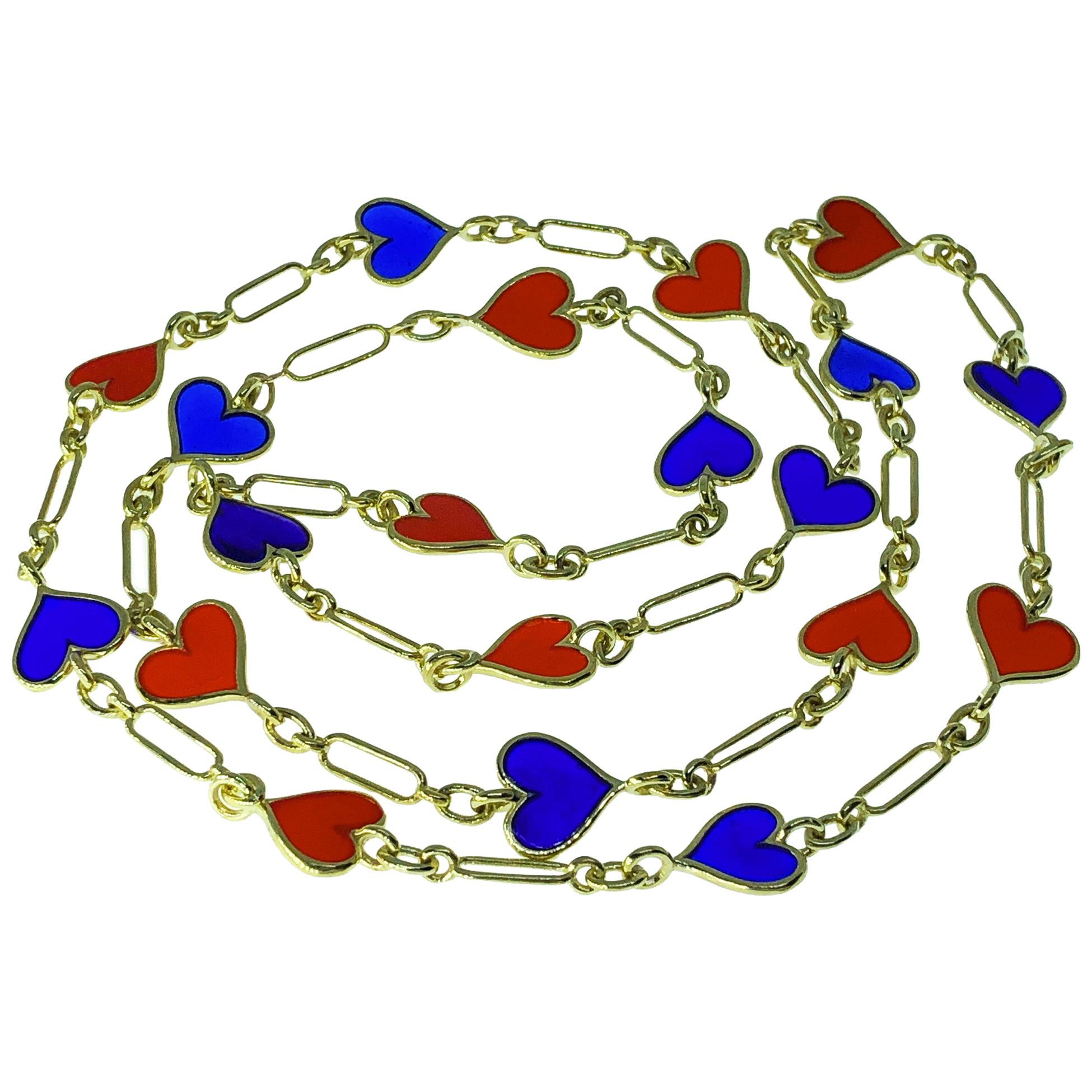 Lange Halskette von Berca in Herzform, Rot, Marineblau, Hand emailliert, Gelbgold
