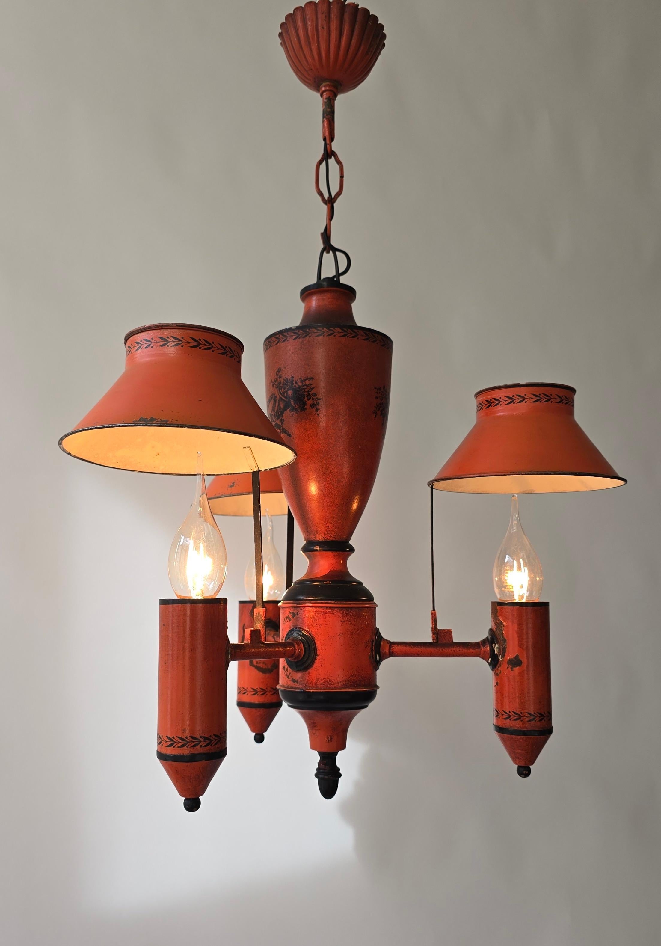 Hollywood Regency Red Neoclassical Tole Chandelier, Europe, ca. 1950 For Sale