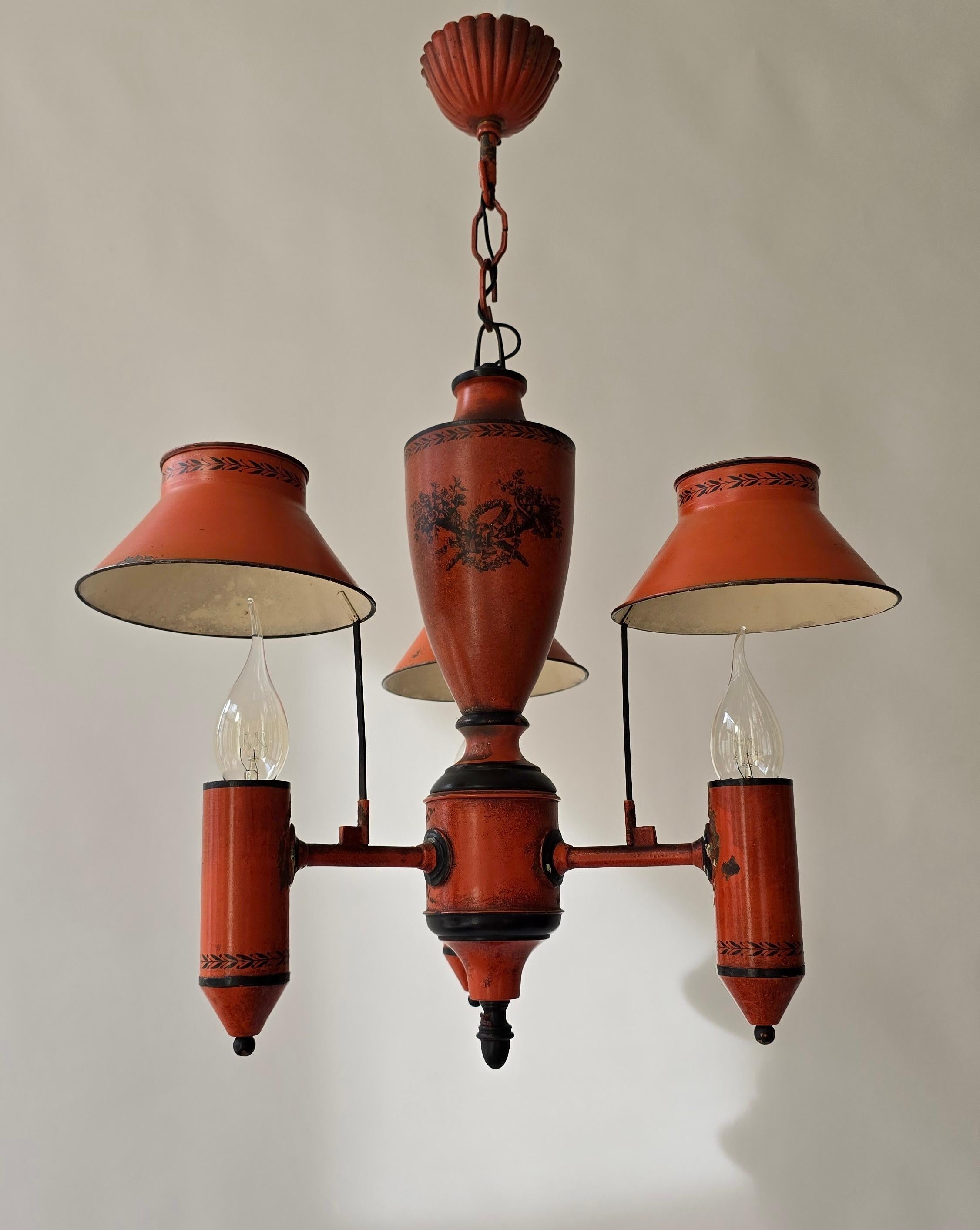 Italian Red Neoclassical Tole Chandelier, Europe, ca. 1950 For Sale