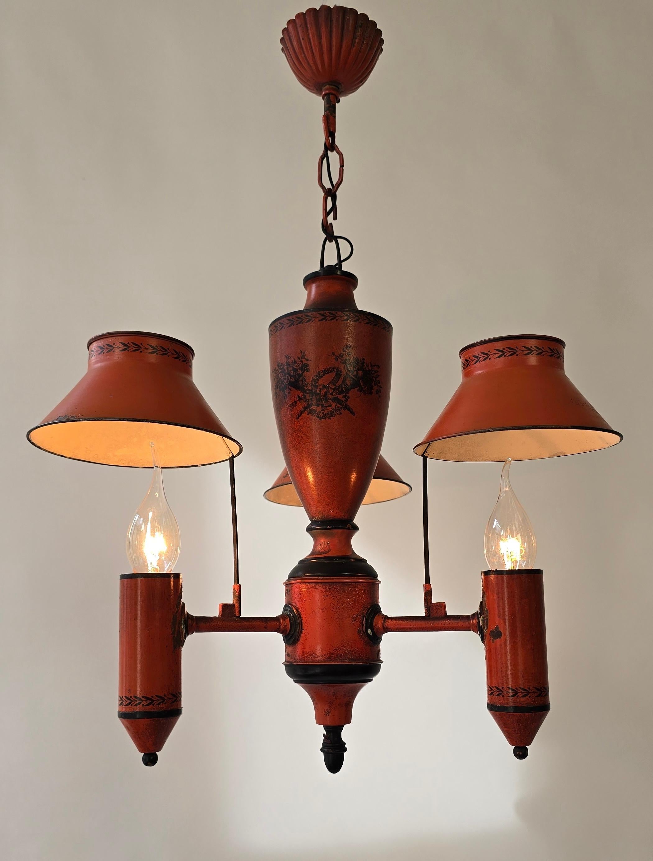 20th Century Red Neoclassical Tole Chandelier, Europe, ca. 1950 For Sale