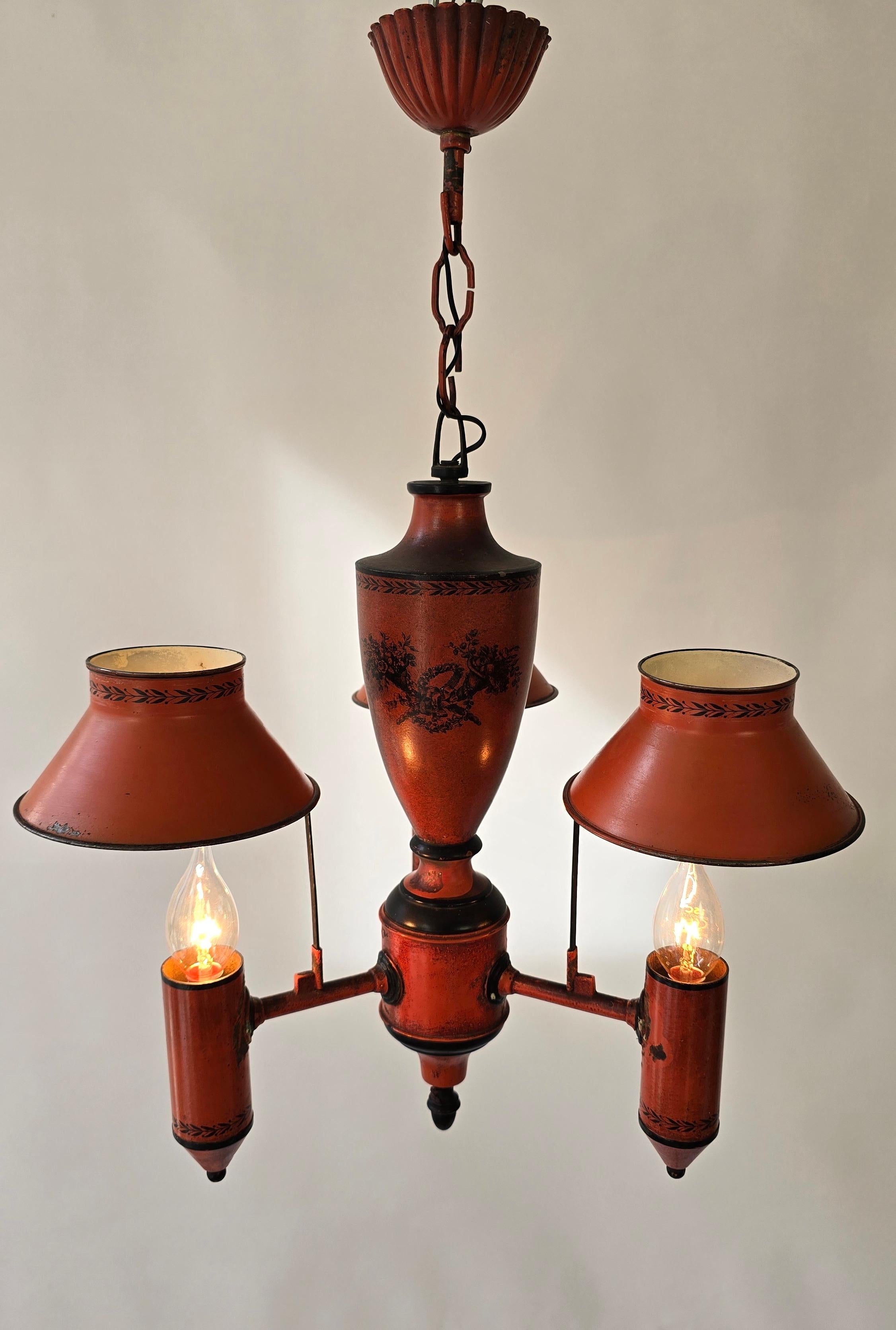 Metal Red Neoclassical Tole Chandelier, Europe, ca. 1950 For Sale