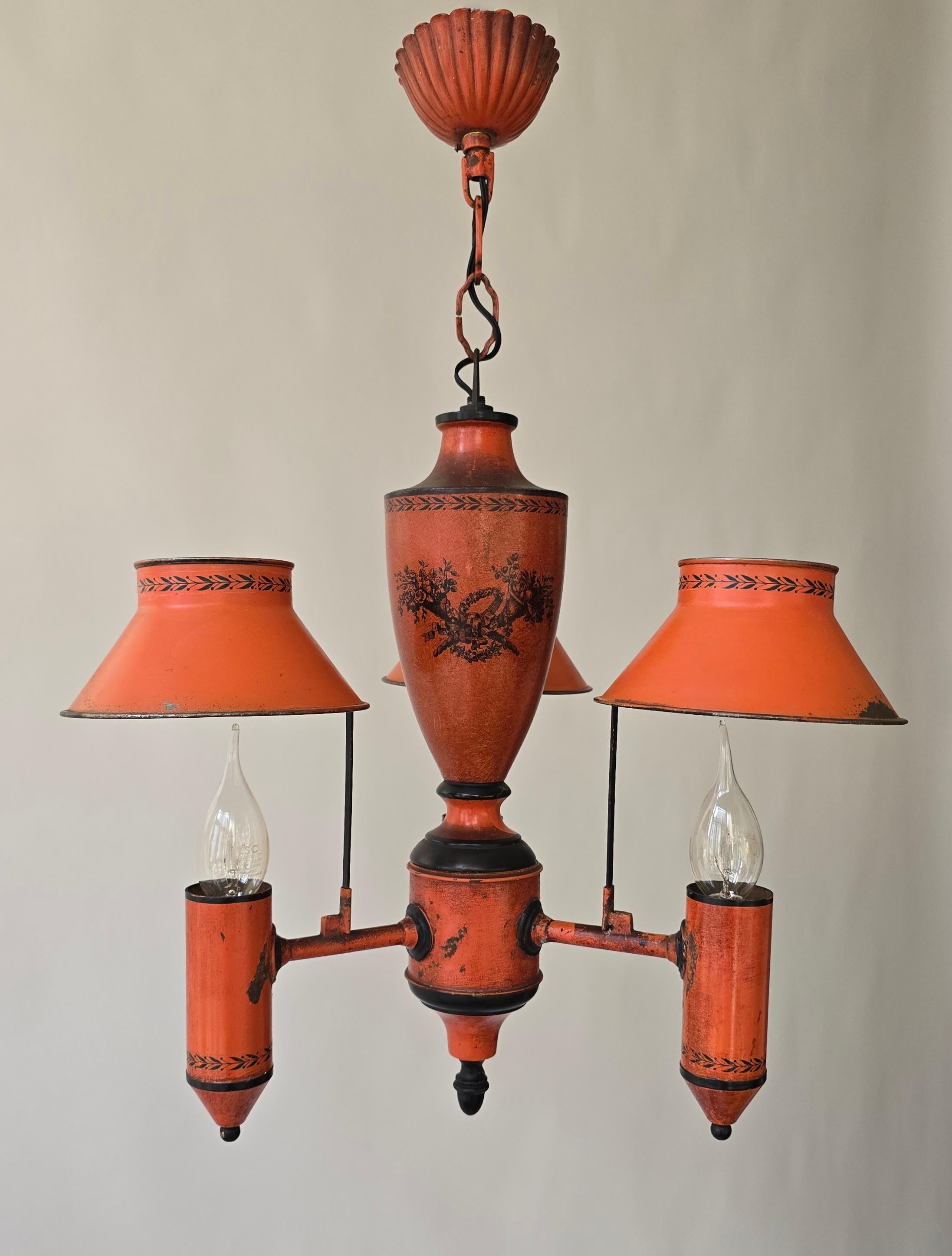Red Neoclassical Tole Chandelier, Europe, ca. 1950 For Sale 1