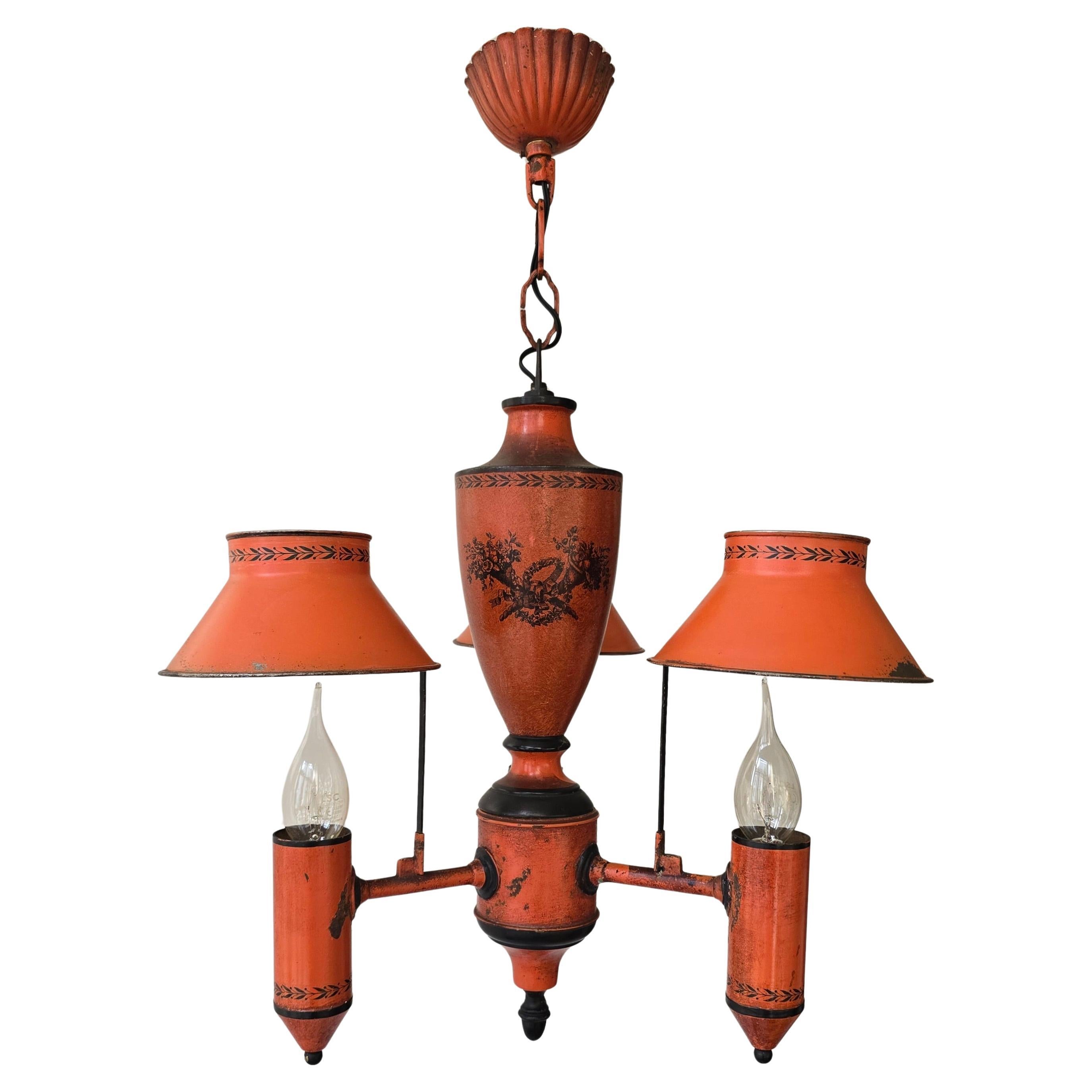 Red Neoclassical Tole Chandelier, Europe, ca. 1950 For Sale