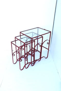 Red Metal and Glass Nesting Tables, Set of 3