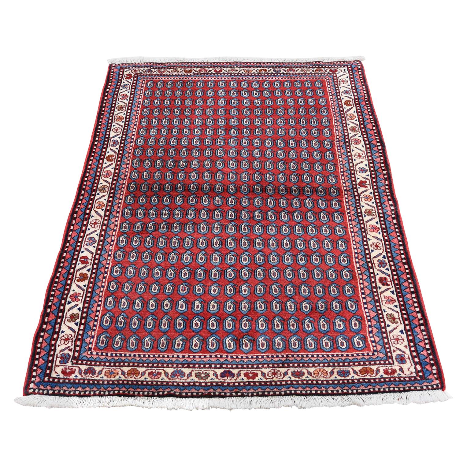 Red Persian Hamadan Boteh Design Pure Wool Hand-Knotted Oriental Rug