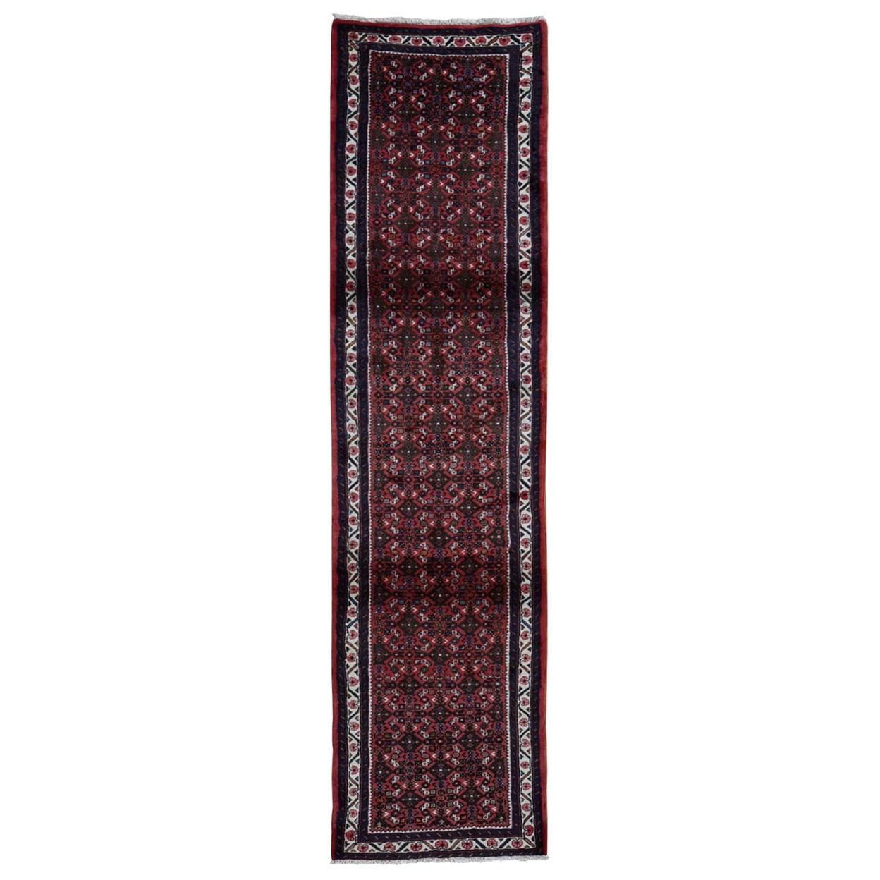 Red Persian Hamadan Fish Design Pure Wool Hand Knotted Narrow Runner Rug