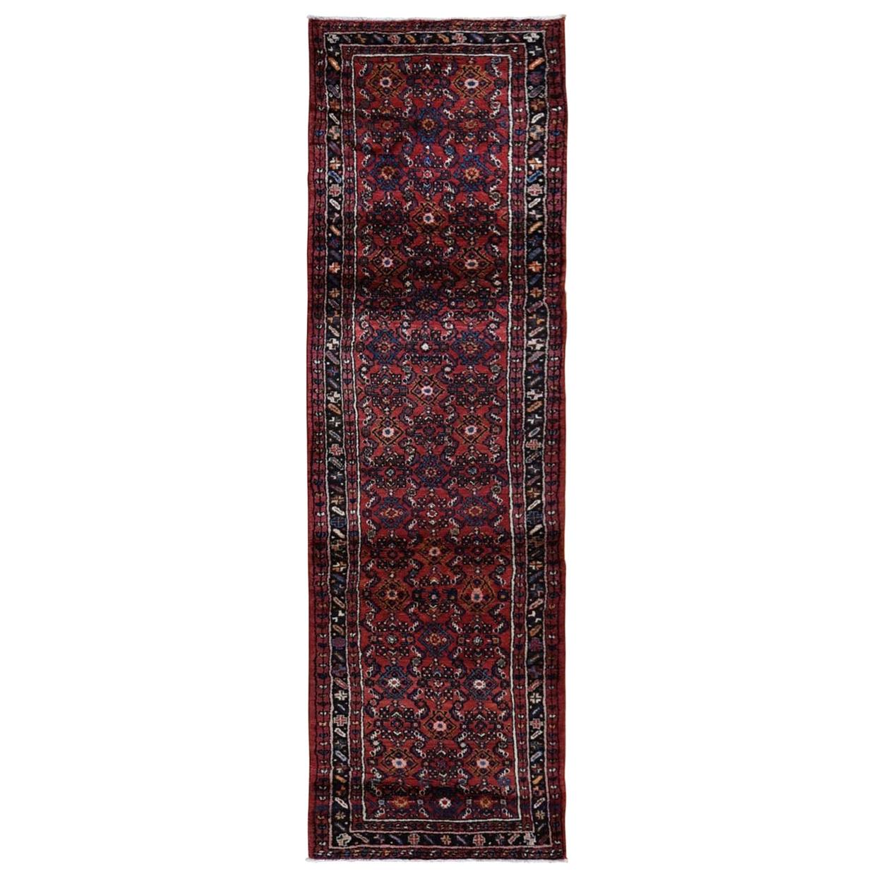 Red Persian Hamadan Fish Design Wool Hand Knotted Narrow Runner Oriental Rug