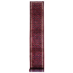 Red Persian Hamadan Fish Design Wool Hand Knotted XL Runner Oriental Rug