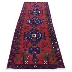 Vintage Red Persian Hamadan Pure Wool Narrow Runner Hand Knotted Oriental Rug