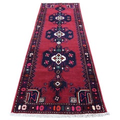 Vintage Red Persian Hamadan Pure Wool Narrow Runner Hand Knotted Oriental Rug