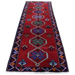 Red Persian Hamadan Pure Wool Narrow Runner Hand Knotted Oriental Rug