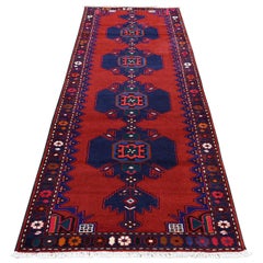 Red Persian Hamadan Pure Wool Runner Hand Knotted Oriental Rug