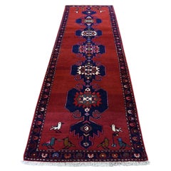 Vintage Red Persian Hamadan with Birds Hand Knotted Narrow Runner Oriental Rug