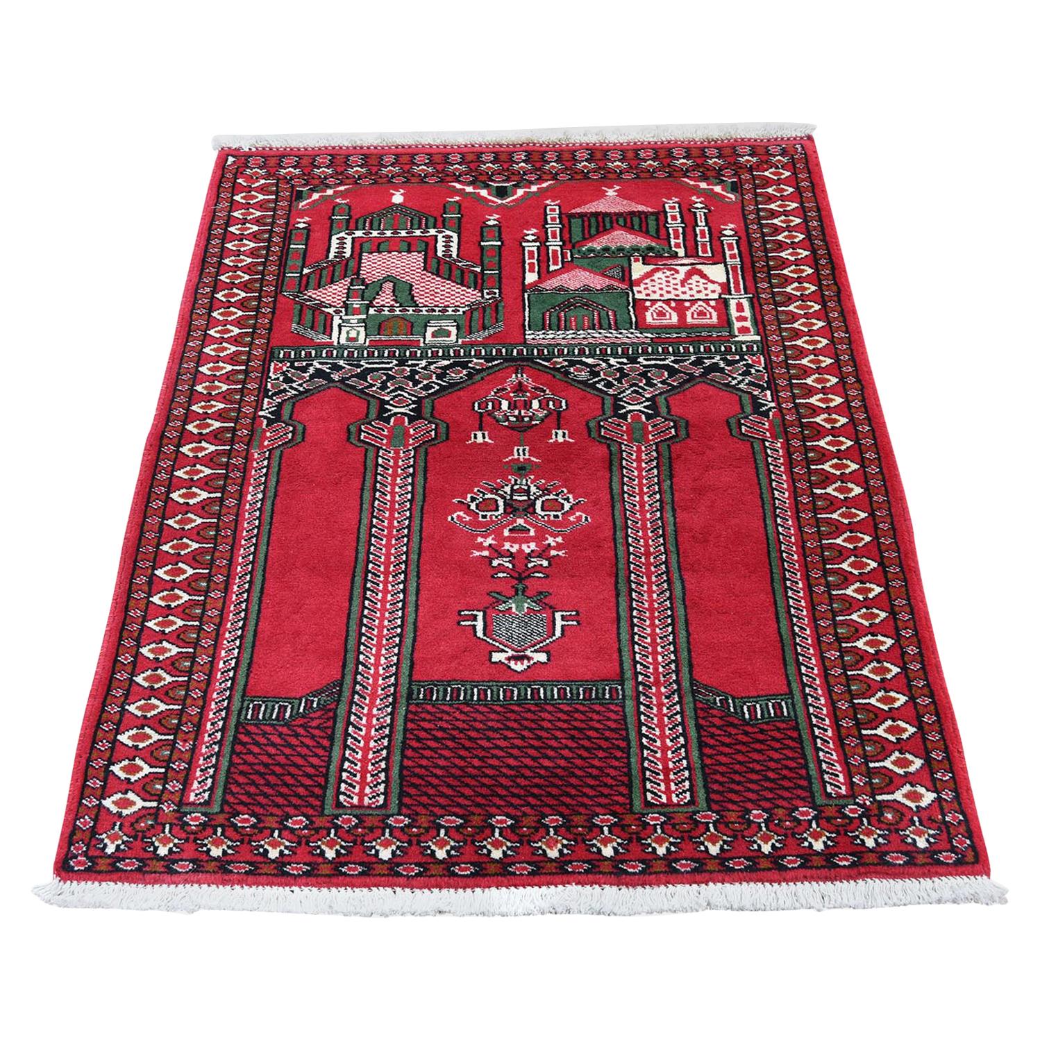 Red Persian Pure Wool Prayer Design Hand Knotted Oriental Rug