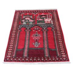 Red Persian Pure Wool Prayer Design Hand Knotted Oriental Rug