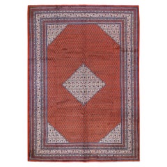 Red Persian Sarouk Mir With Diamond Shape Medallion Pure Wool Hand Knotted