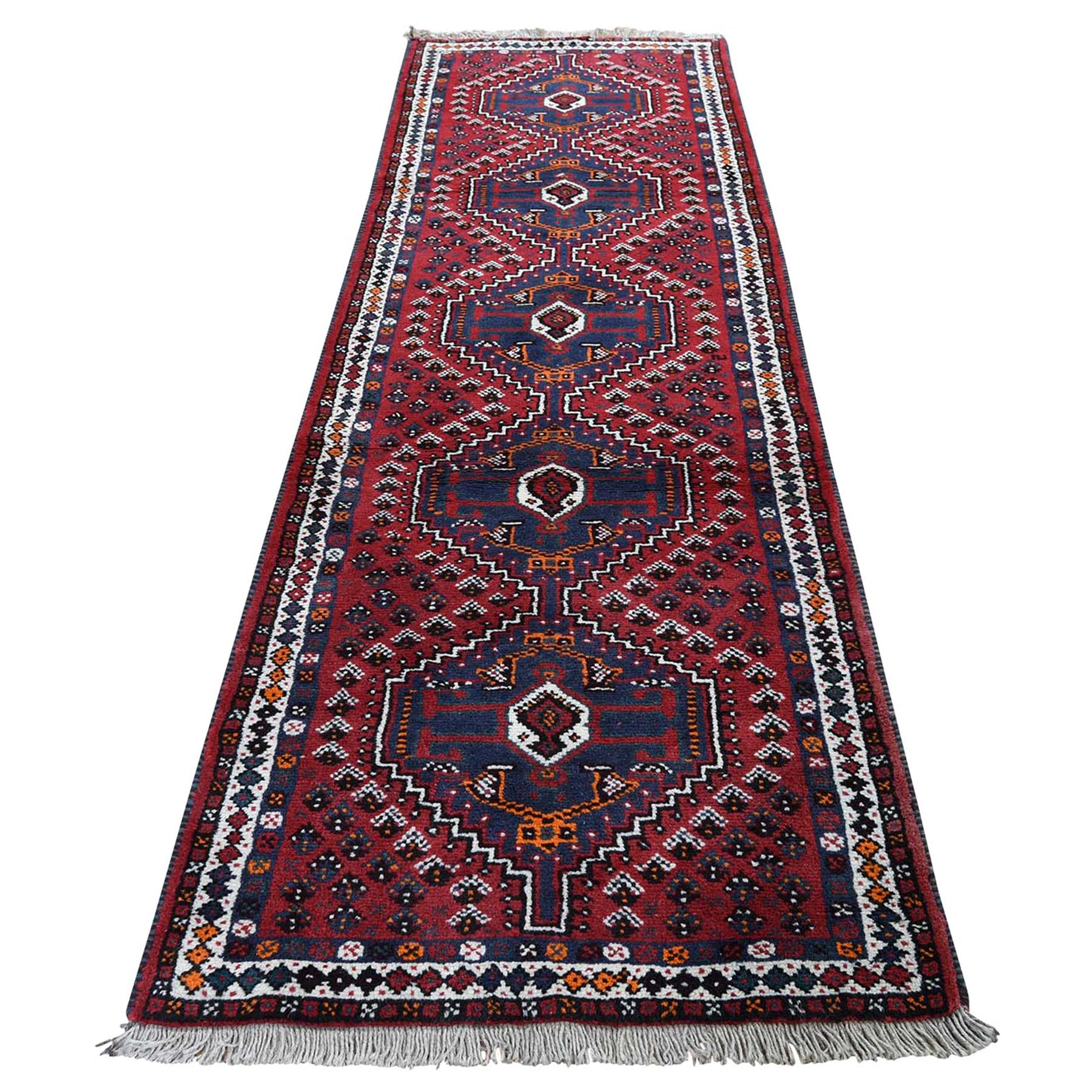 Red Persian Shiraz Pure Wool Runner Hand Knotted Oriental Rug For Sale at 1stdibs