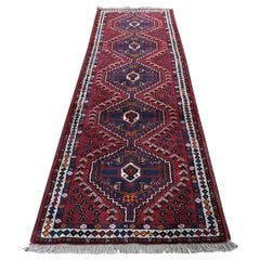 Vintage Red Persian Shiraz Pure Wool Narrow Runner Hand Knotted Oriental Rug