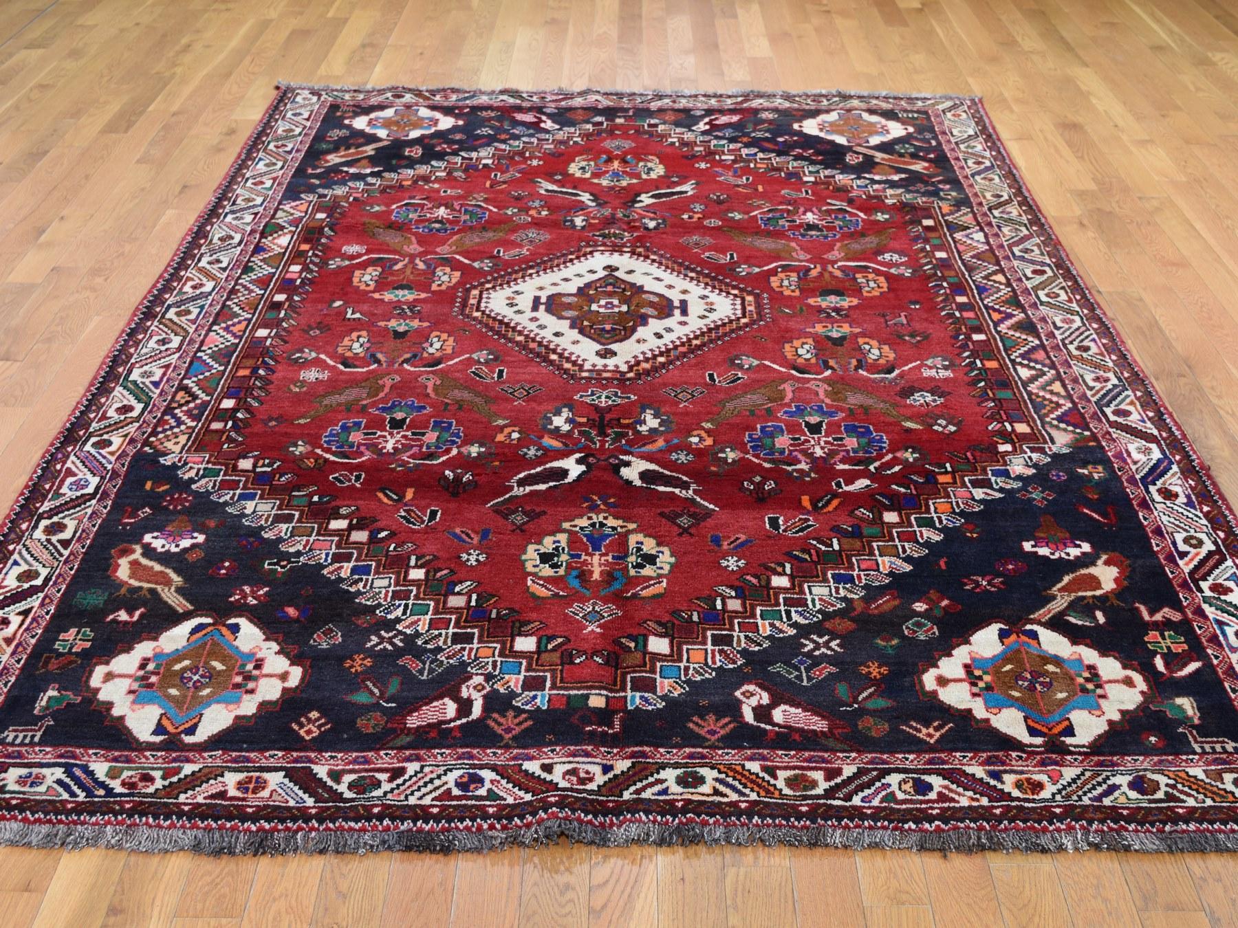 Hollywood Regency Red Persian Shiraz With Birds Pure Wool Hand Knotted Oriental Rug, 6'9