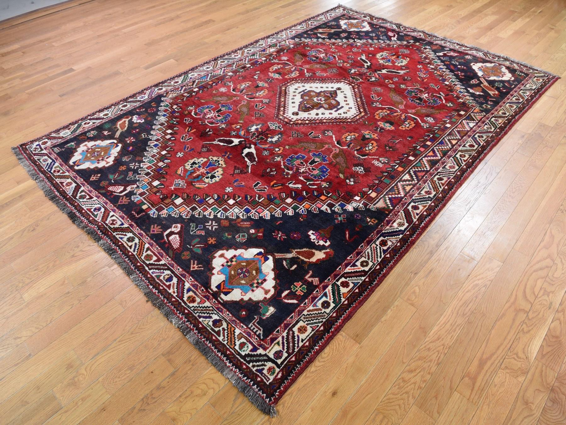 Hand-Knotted Red Persian Shiraz With Birds Pure Wool Hand Knotted Oriental Rug, 6'9