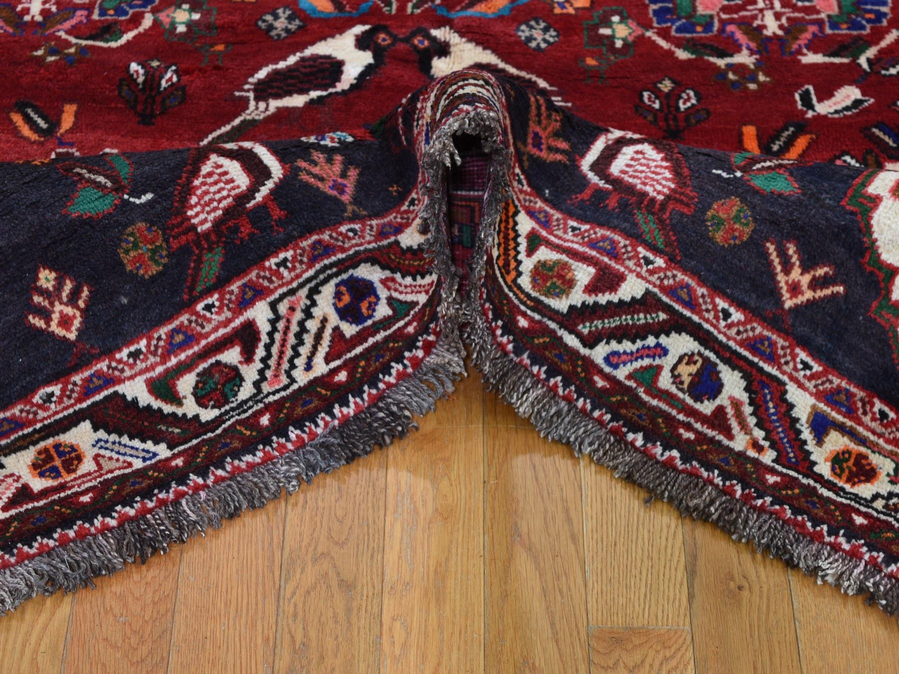 Mid-20th Century Red Persian Shiraz With Birds Pure Wool Hand Knotted Oriental Rug, 6'9