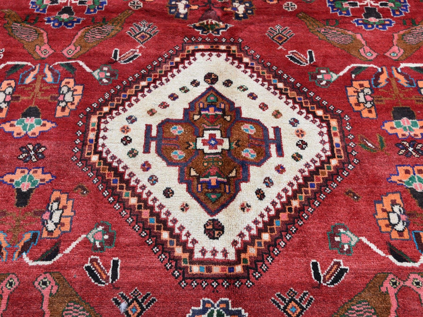 Red Persian Shiraz With Birds Pure Wool Hand Knotted Oriental Rug, 6'9