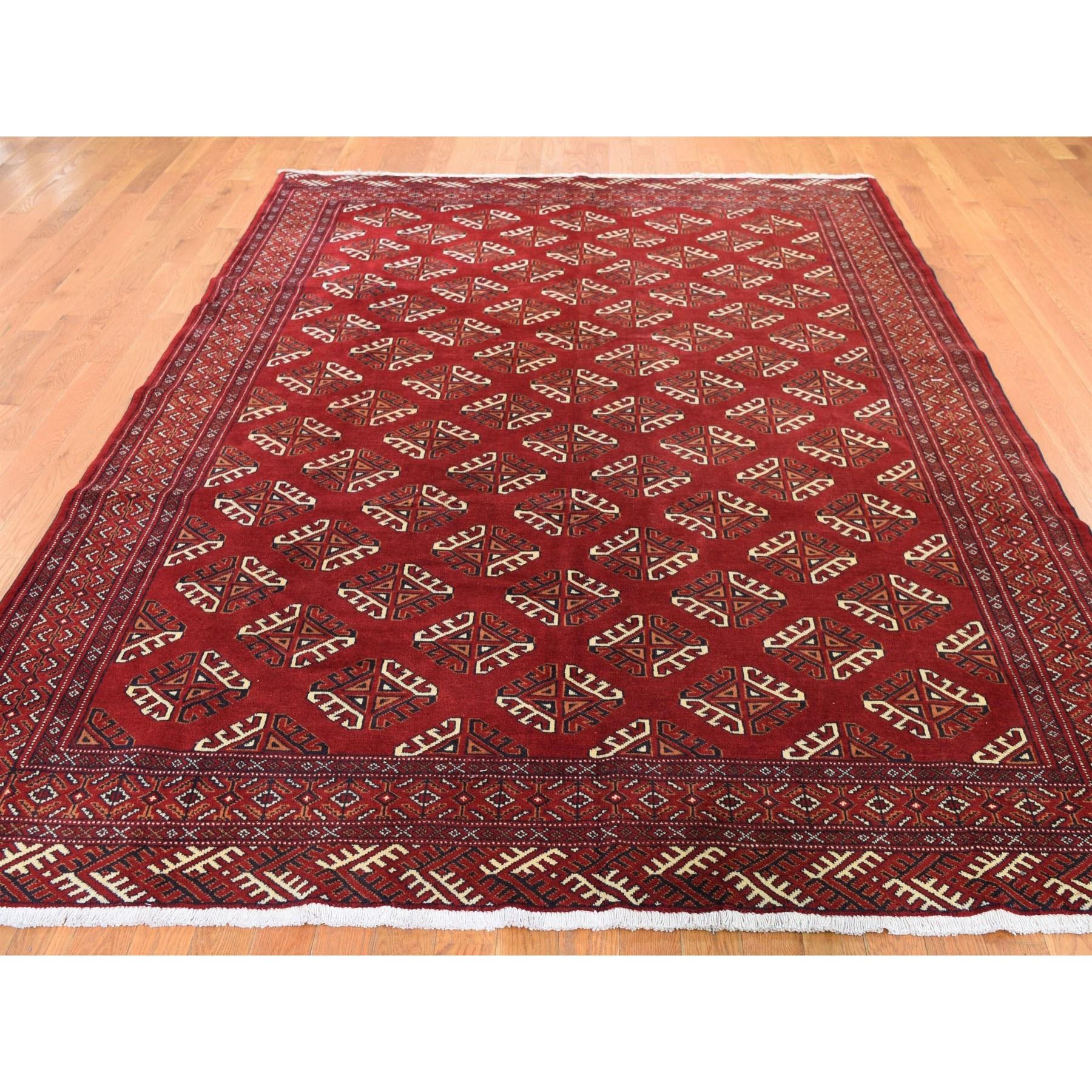 Hollywood Regency Red Turkoman Bokara Pure Wool Hand Knotted Oriental Rug, 6'10