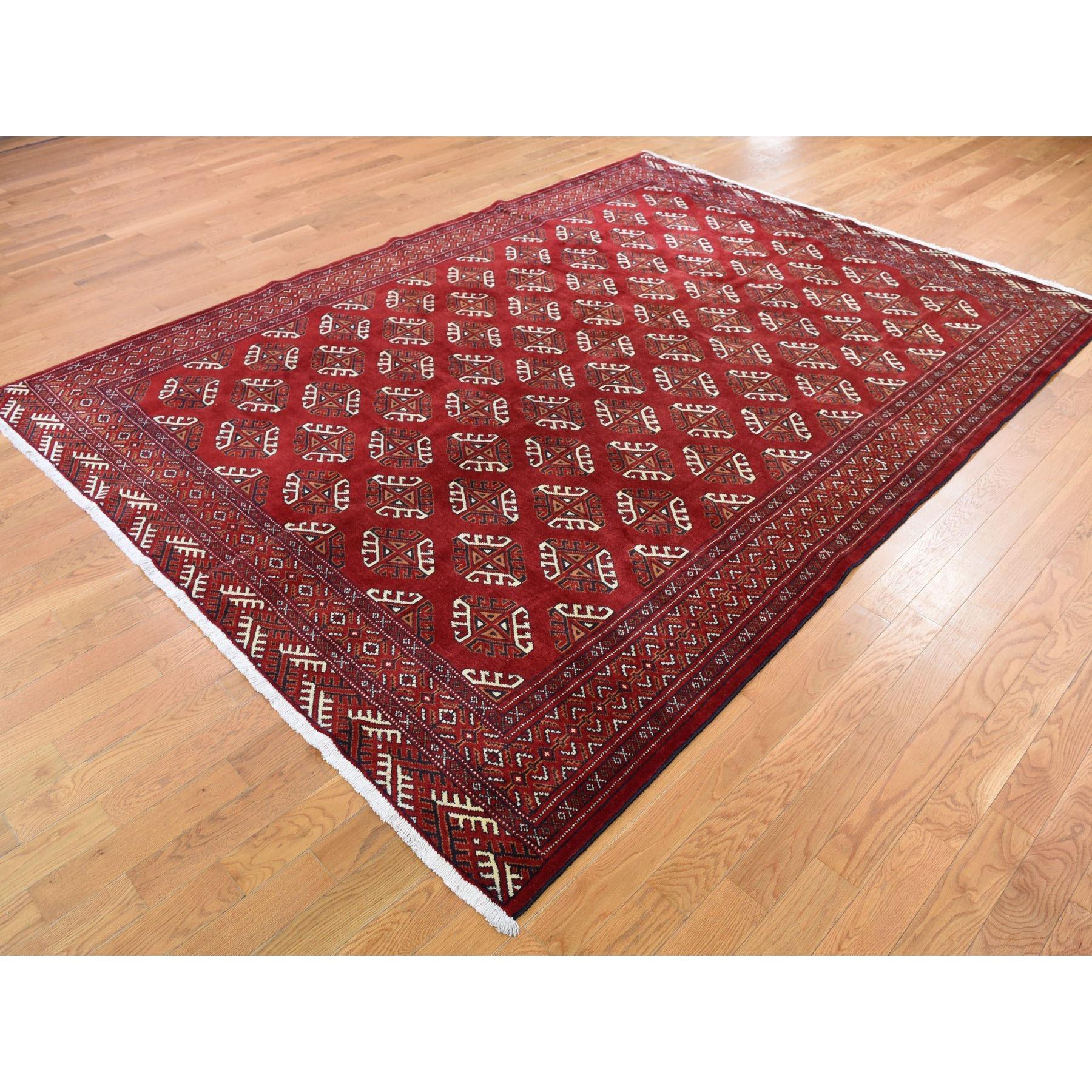 Persian Red Turkoman Bokara Pure Wool Hand Knotted Oriental Rug, 6'10
