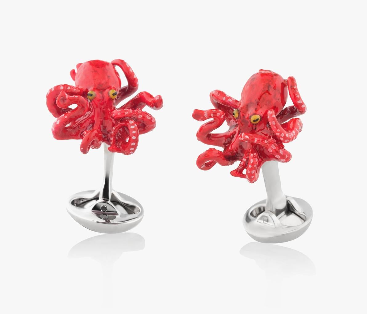 Red Octopus Cufflinks in Hand-enameled Sterling Silver  by Fils Unique In New Condition In New York, NY