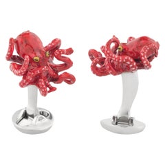 Red Octopus Cufflinks in Hand-enameled Sterling Silver  by Fils Unique