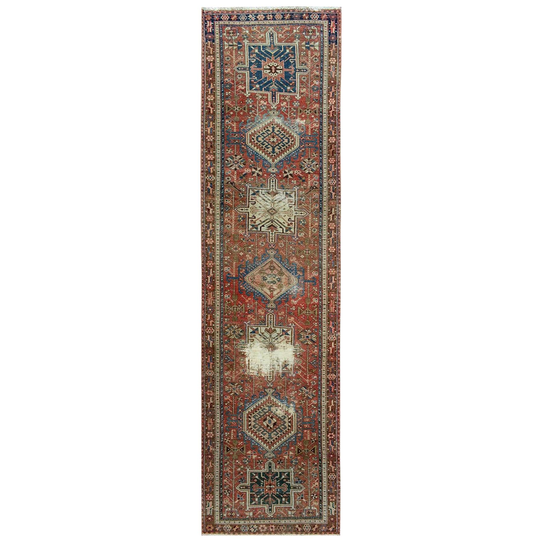 Red Old and Worn Down Karajeh Hand Knotted Runner Oriental Rug