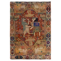 Red Old and Worn Down Persian Bohemian Lion and King Design Hand Knotted
