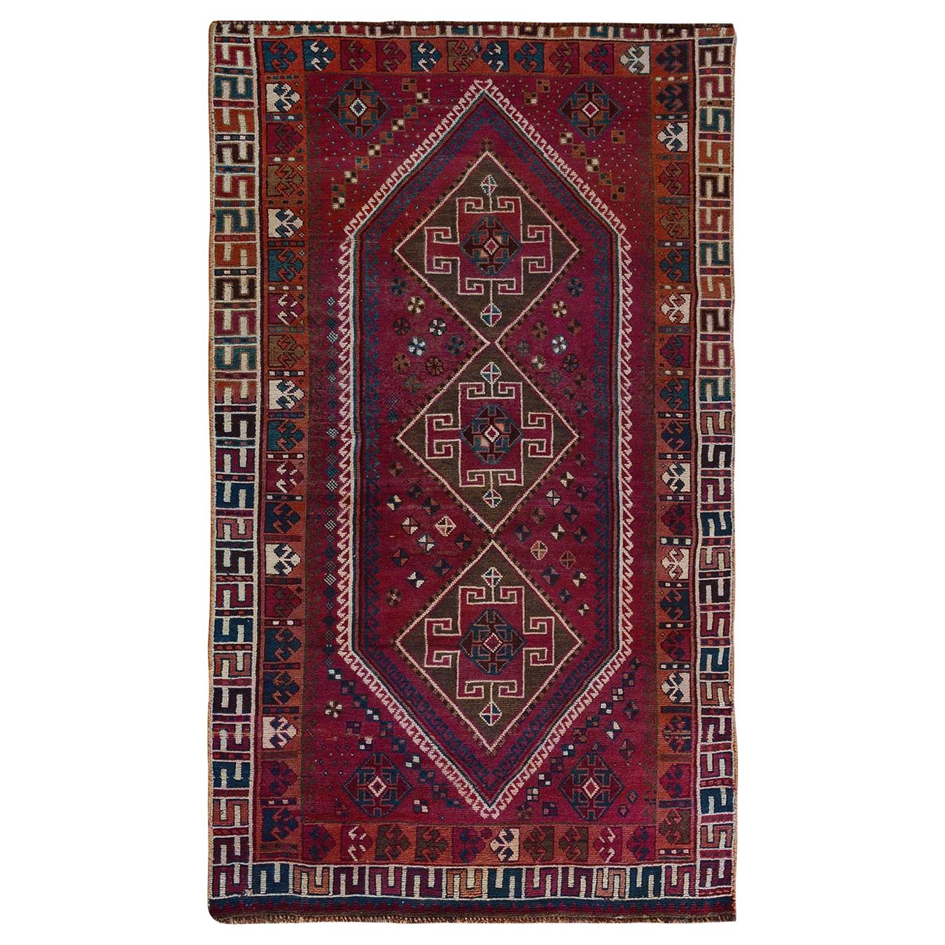 Red Old and Worn Down Persian Shiraz Hand Knotted Oriental Rug For Sale