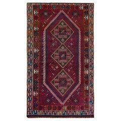 Vintage Red Old and Worn Down Persian Shiraz Hand Knotted Oriental Rug