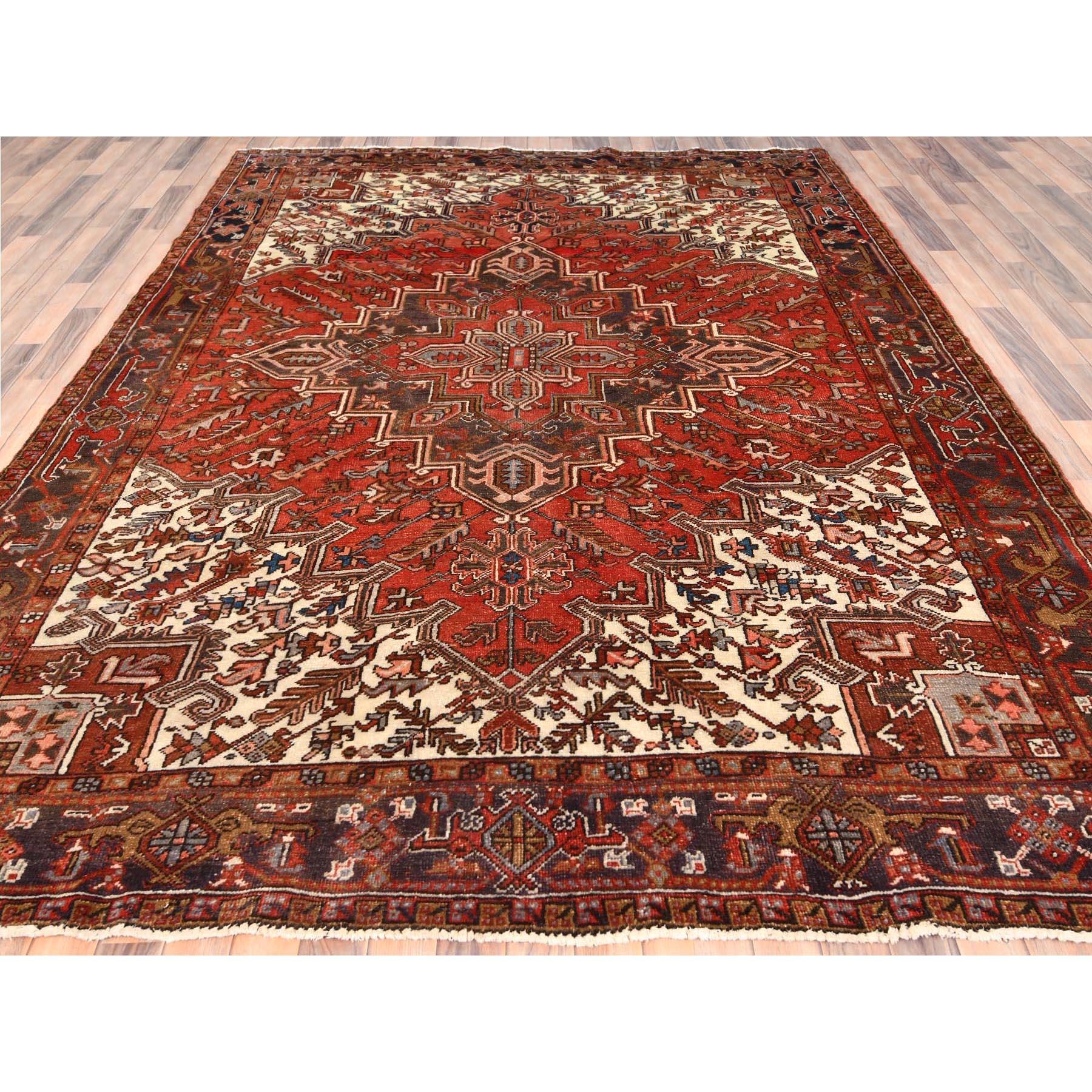 Hand-Knotted Red Old Bohemian Persian Heriz Even Wear Wool Hand Knotted Rustic Feel Clean Rug For Sale